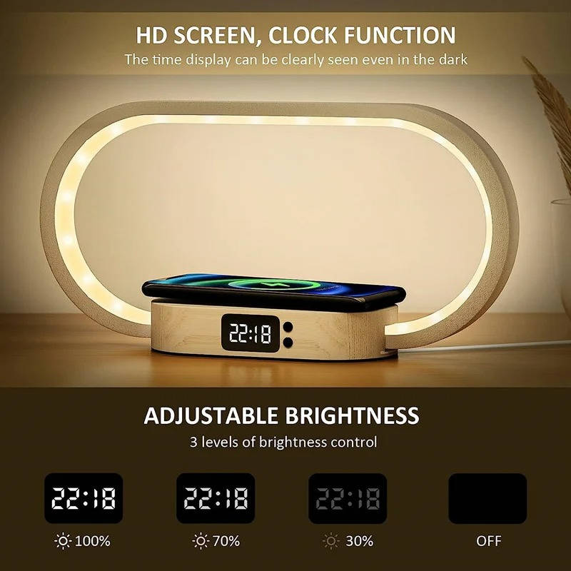 Wireless Charging Alarm Clock with Touch Control Night Light and USB Port