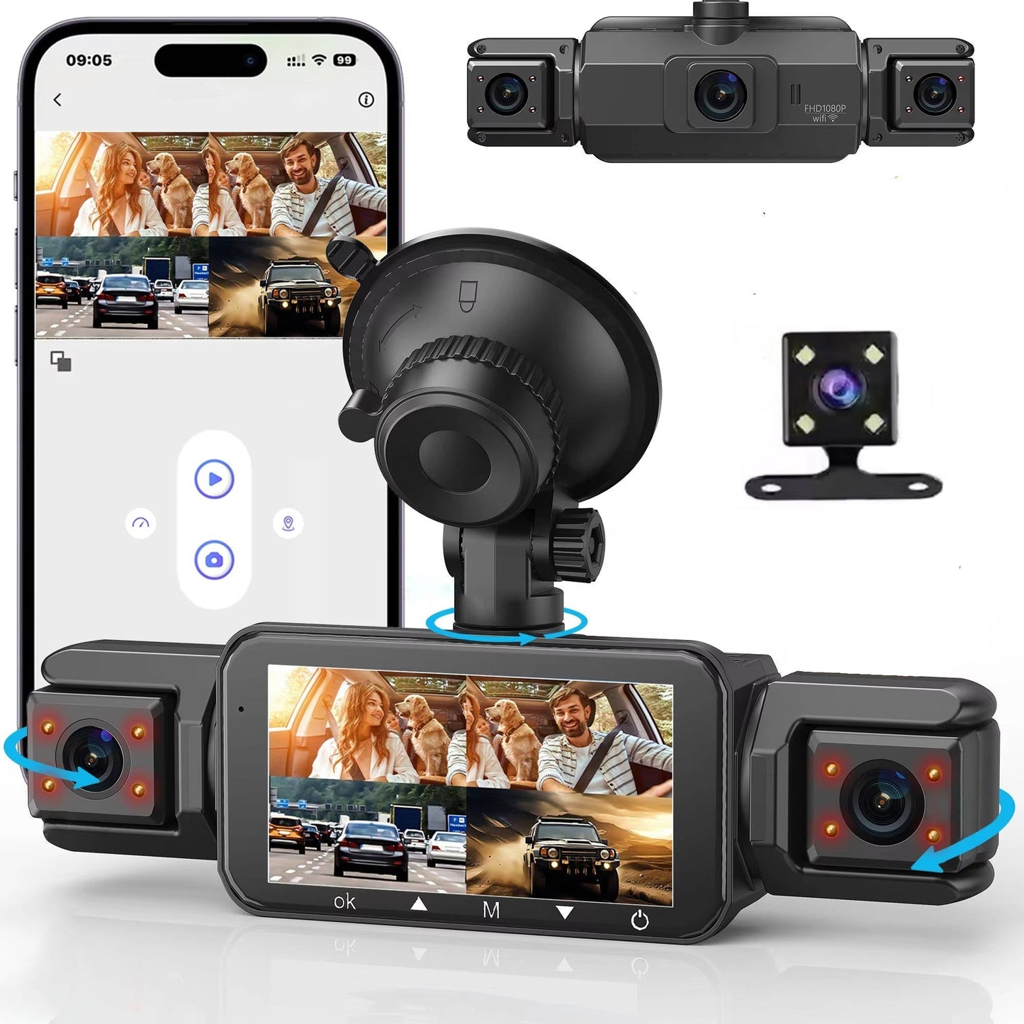 Wireless Front and Rear Car Dash Cam with Night Vision and Mobile App