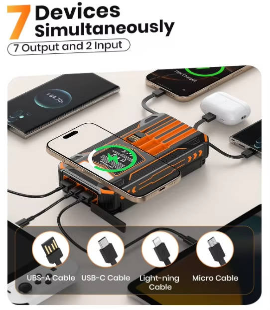 48000mAh Solar Power Bank with Wireless Charging and 4 Built-in Cables