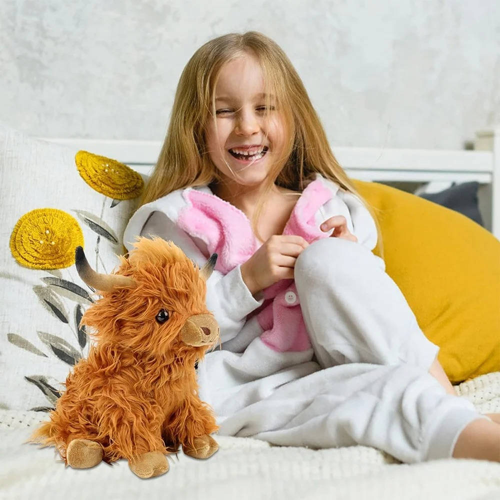 Handmade Plush Cow Stuffed Animal Toy with Fluffy Fur and Expressive Eyes