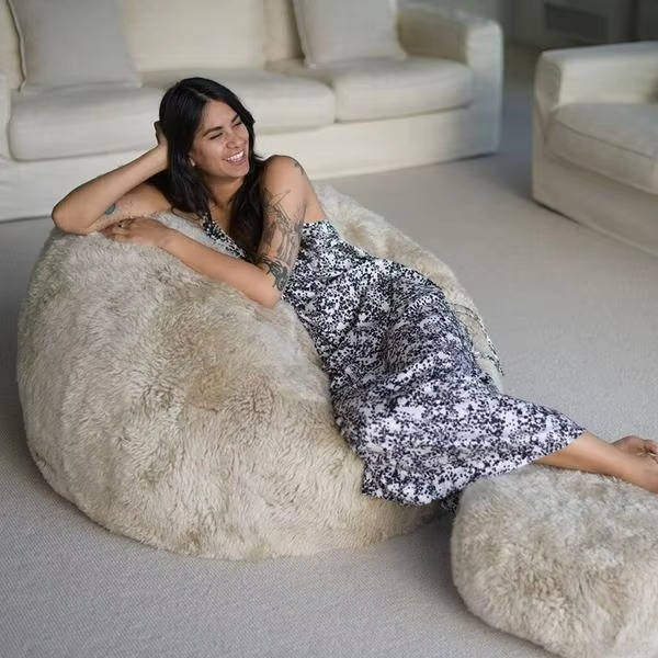 Ultra Soft Fluffy Faux Fur Bean Bag Cover for Kids and Adults, Adjustable Unfilled Pouf with Vegan Leather Handle