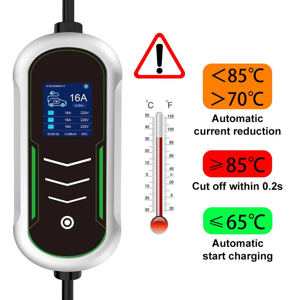 Portable 7kW 32A Type 2 EV Charger with Adjustable Amperage and OLED Display