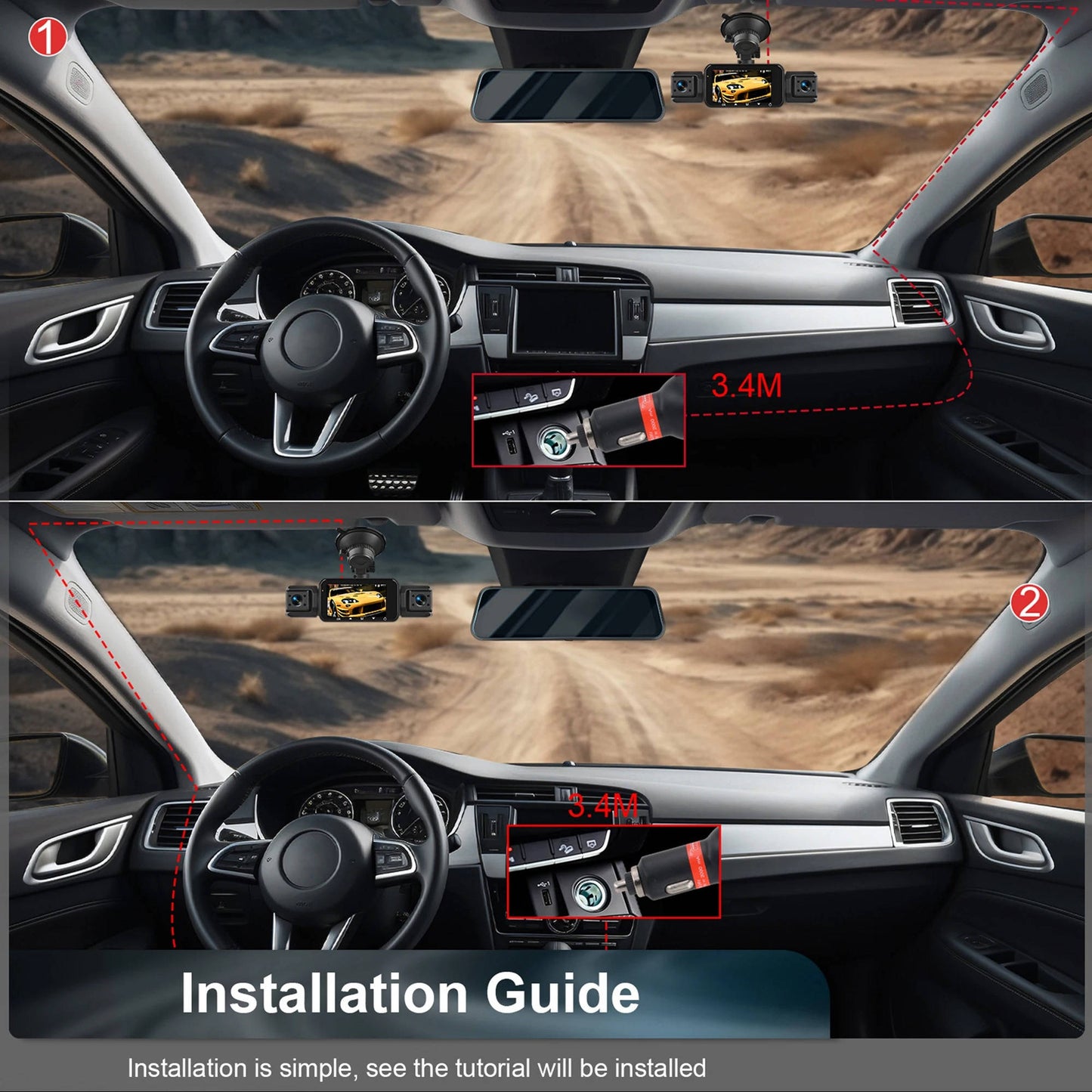 Wireless Front and Rear Car Dash Cam with Night Vision and Mobile App