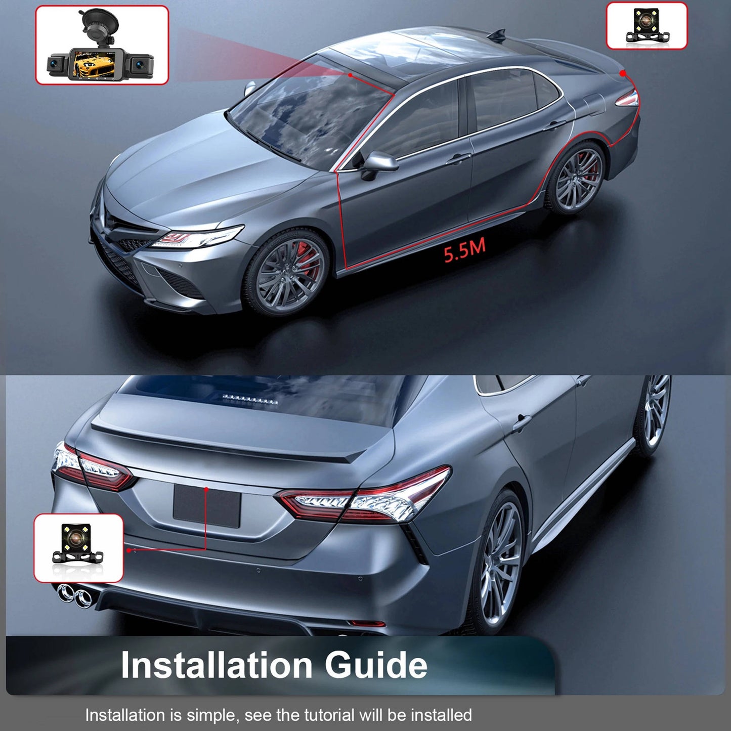 Wireless Front and Rear Car Dash Cam with Night Vision and Mobile App