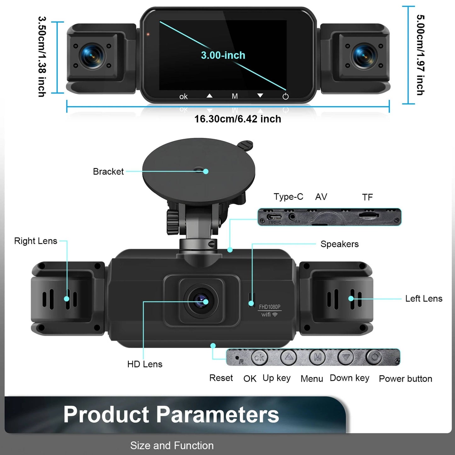 Wireless Front and Rear Car Dash Cam with Night Vision and Mobile App