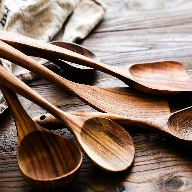 Teak Wood Cooking Utensils Set - 6 Piece Nonstick Safe Kitchen Tools