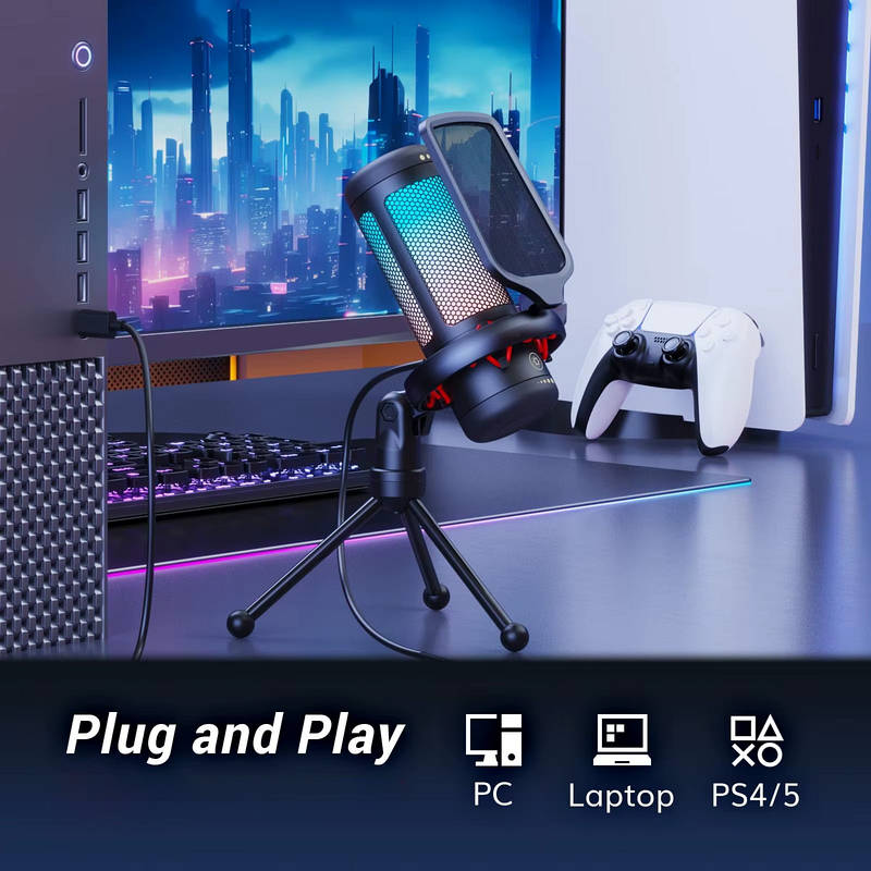 USB RGB Gaming Microphone with One-Tap Mute and Shock Mount for PC PS4 PS5