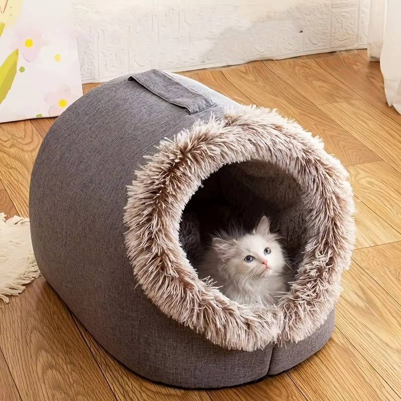 Plush Insulated Winter Cat Bed with Carrying Strap