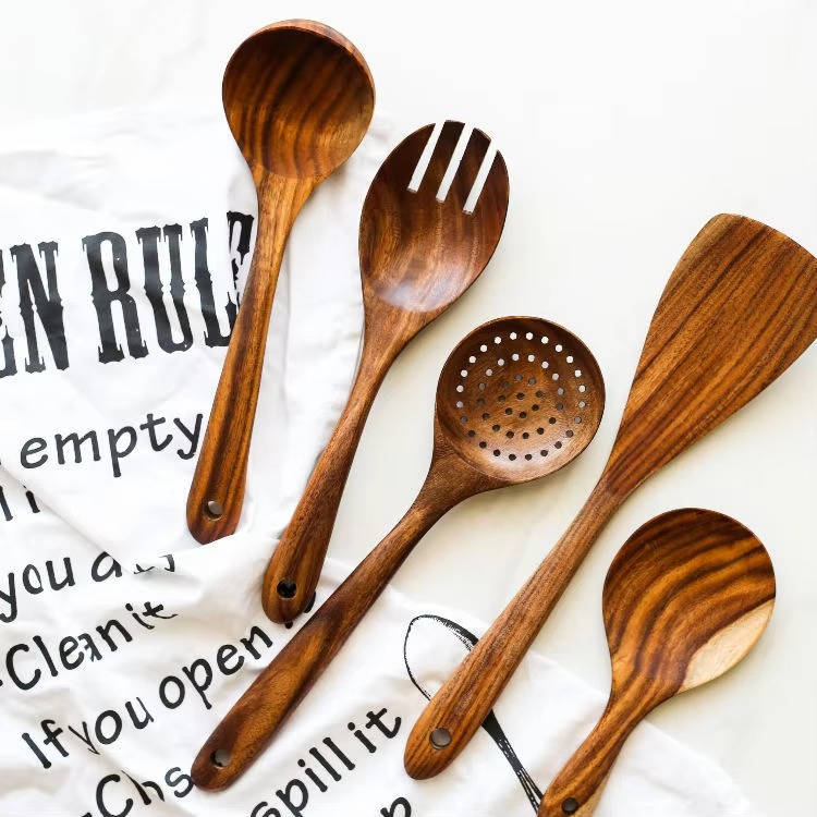 Teak Wood Cooking Utensils Set - 6 Piece Nonstick Safe Kitchen Tools
