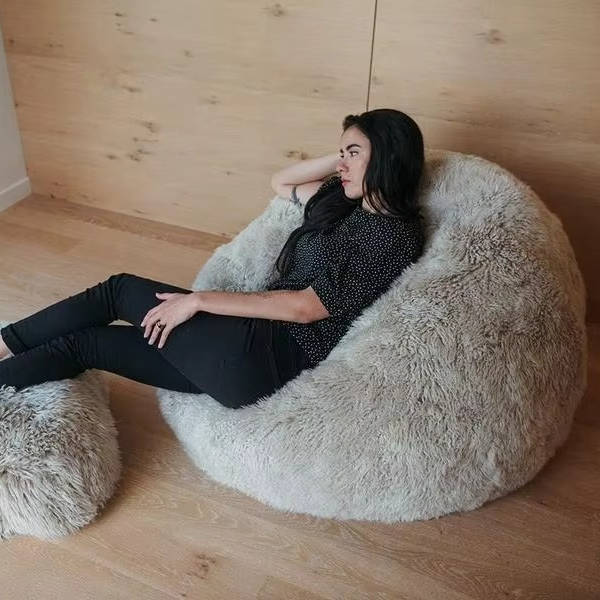 Ultra Soft Fluffy Faux Fur Bean Bag Cover for Kids and Adults, Adjustable Unfilled Pouf with Vegan Leather Handle
