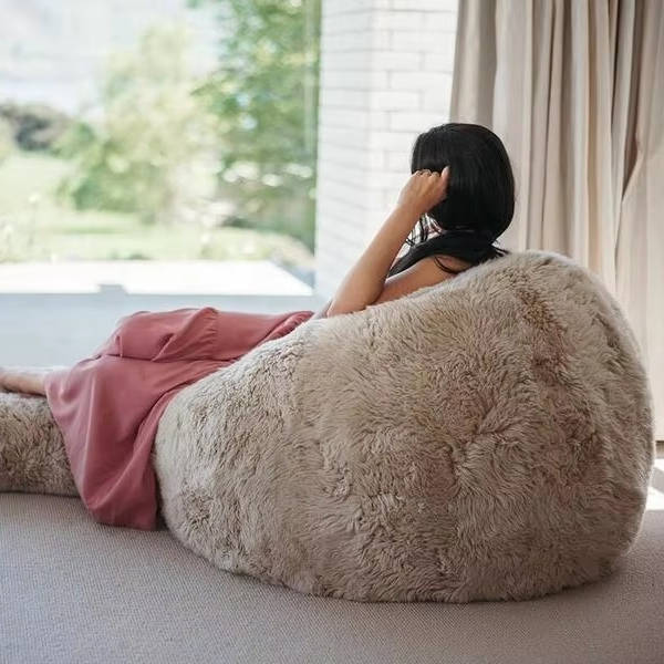 Ultra Soft Fluffy Faux Fur Bean Bag Cover for Kids and Adults, Adjustable Unfilled Pouf with Vegan Leather Handle
