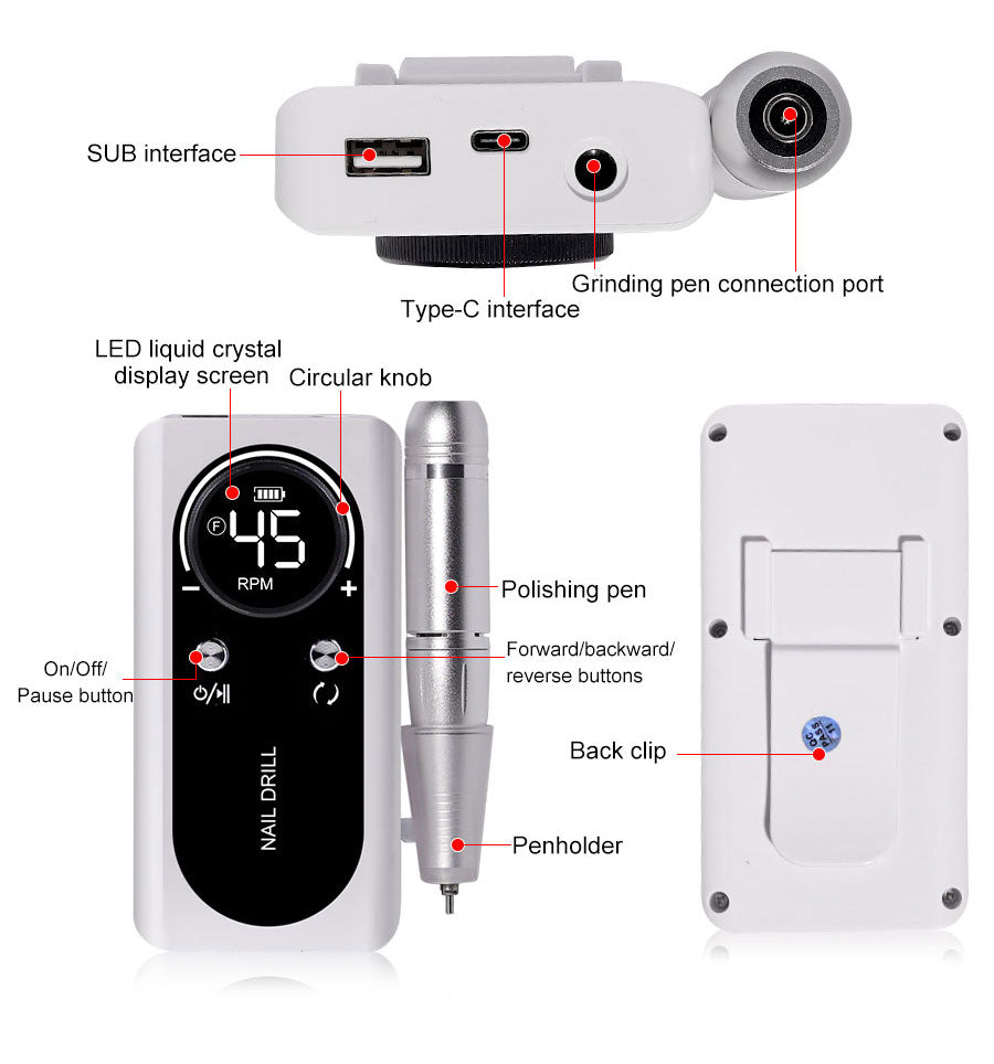 Portable Electric Nail File 45000RPM Rechargeable Low Noise