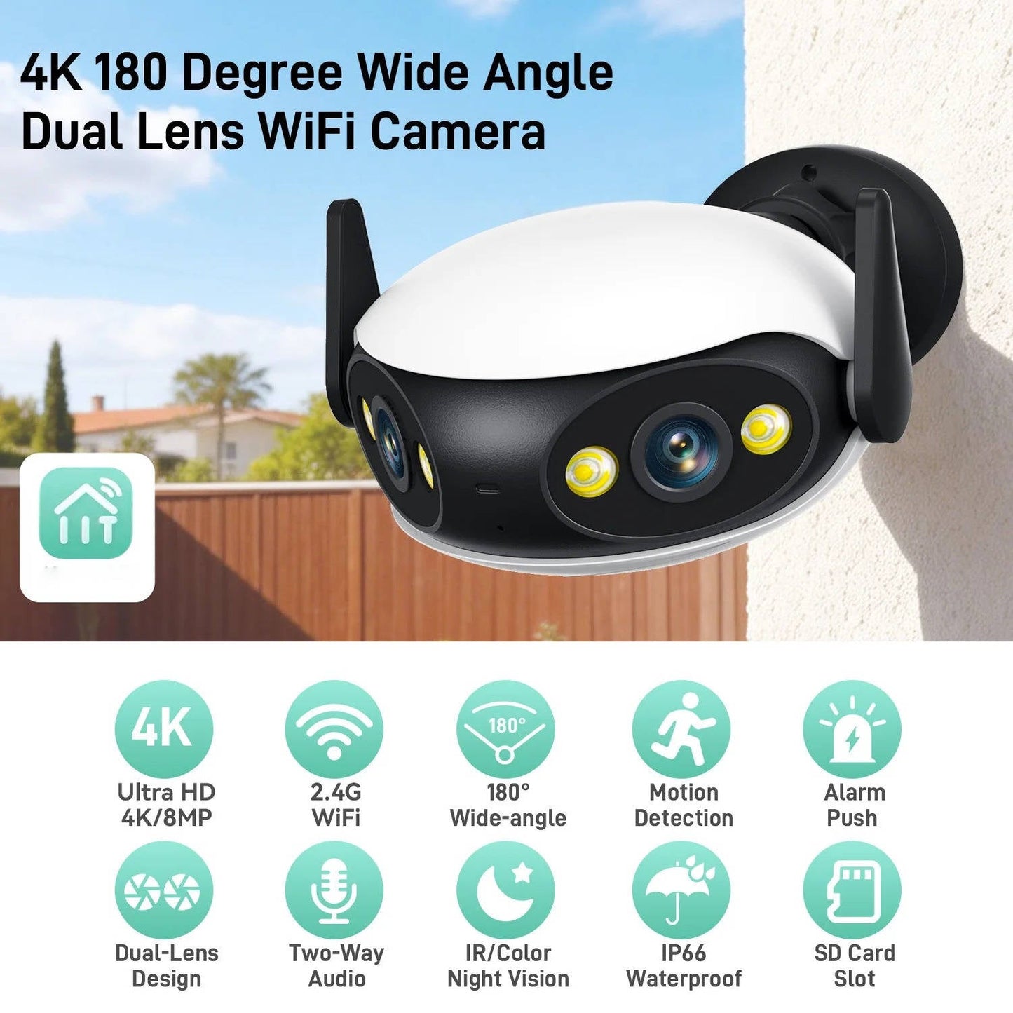 4K 180 Degree Outdoor WiFi Security Camera with Night Vision and Motion Detection
