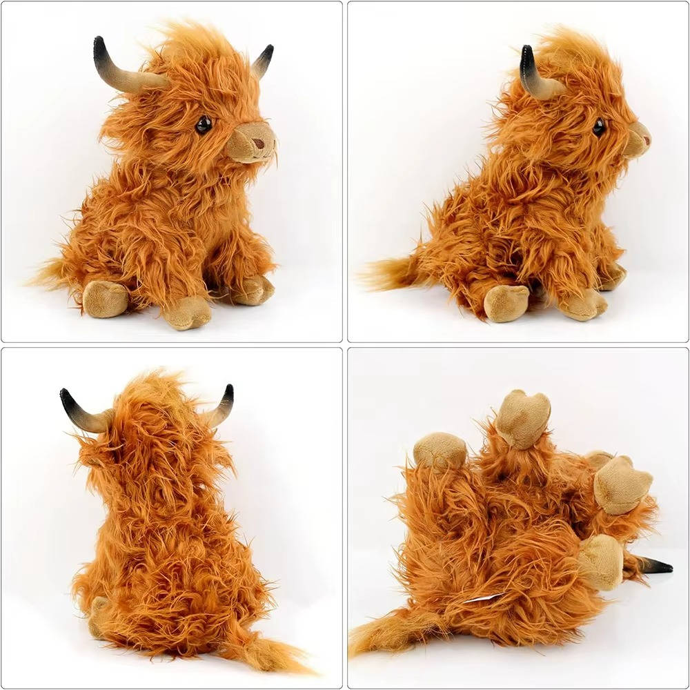 Handmade Plush Cow Stuffed Animal Toy with Fluffy Fur and Expressive Eyes