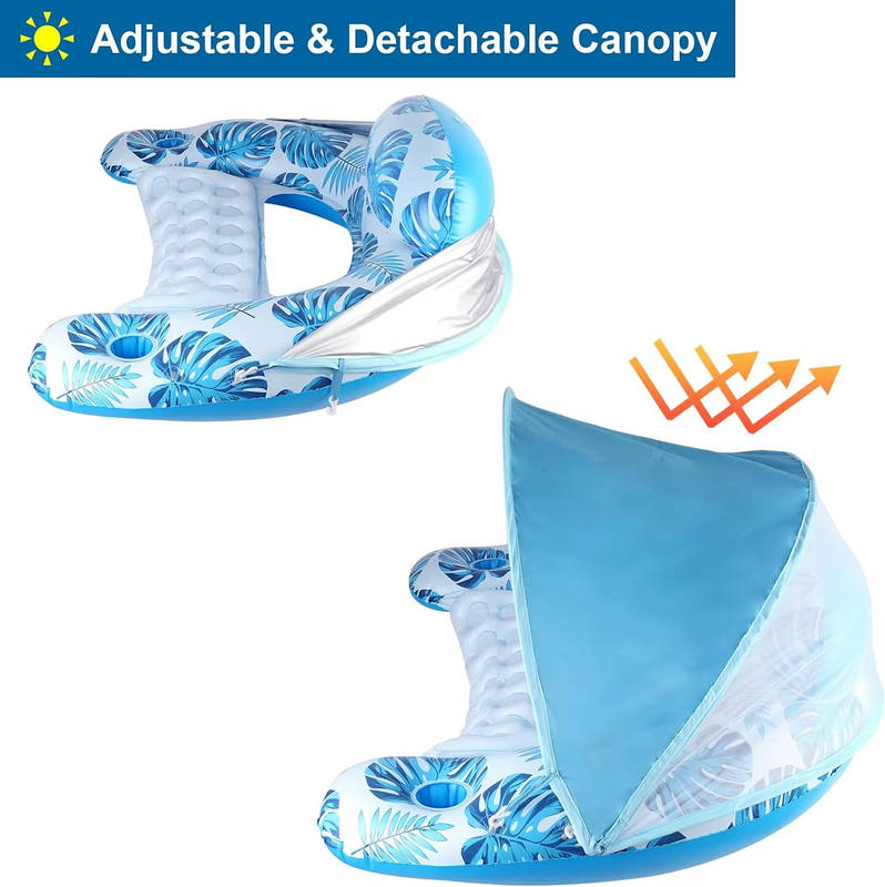 Inflatable Adult Pool Float Chair with Adjustable Canopy and Cup Holders
