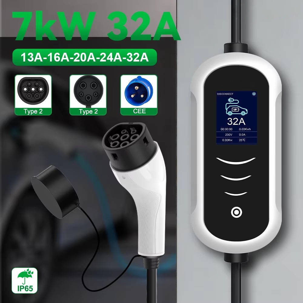 Portable 7kW 32A Type 2 EV Charger with Adjustable Amperage and OLED Display