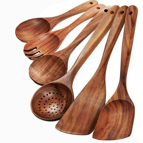 Teak Wood Cooking Utensils Set - 6 Piece Nonstick Safe Kitchen Tools