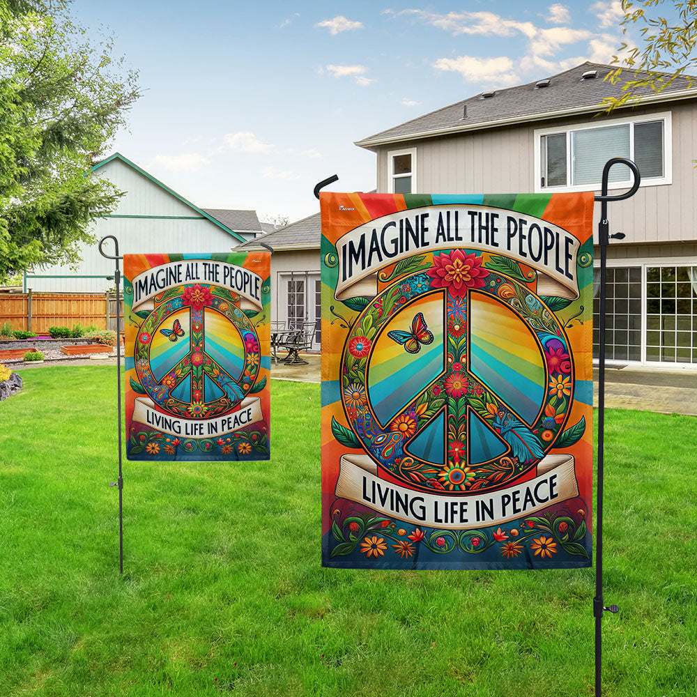 Peace Sign Hippie Flag Double-Sided Canvas - Imagine All The People Living Life In Peace