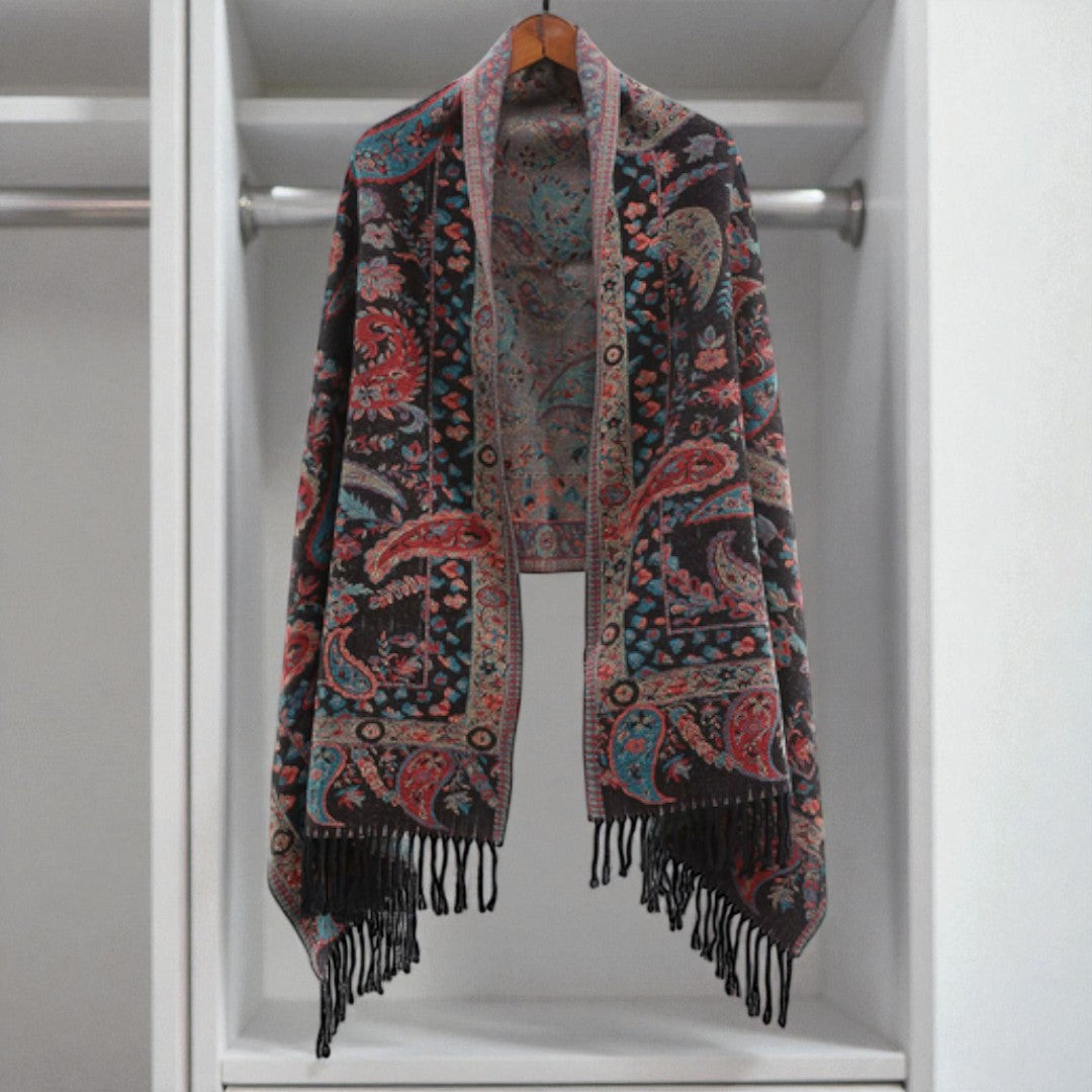 Double-Sided Paisley Poncho Shawl for Women