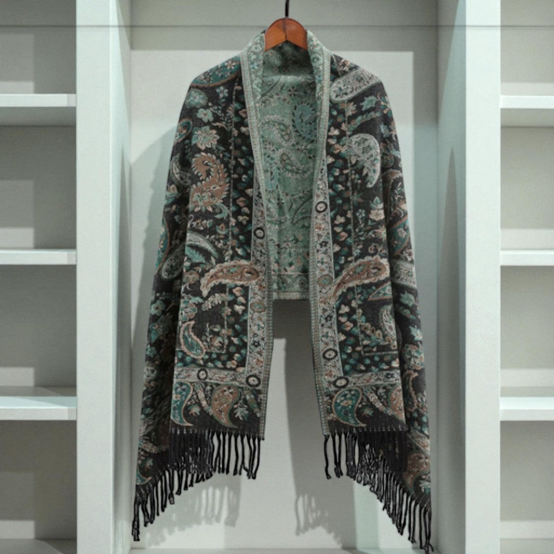 Double-Sided Paisley Poncho Shawl for Women