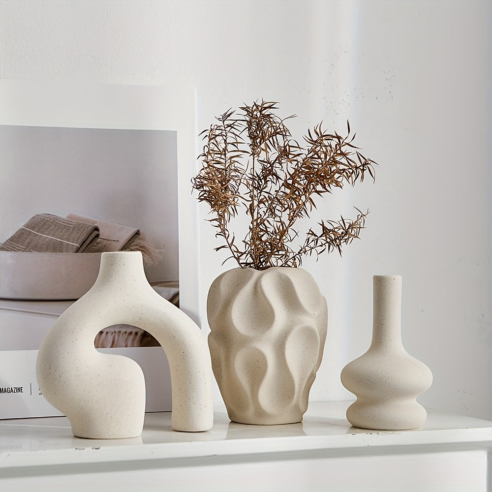 Boho Ceramic Vase Set with Geometric Shapes - Modern Nordic Decor