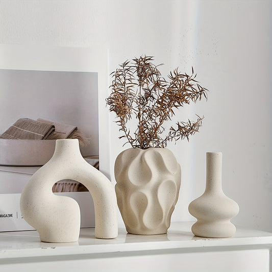 Boho Ceramic Vase Set with Geometric Shapes - Modern Nordic Decor