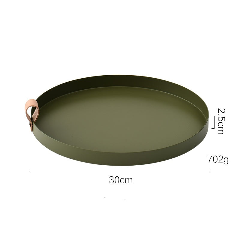 Nordic Style Leather Handle Round Wrought Iron Tray