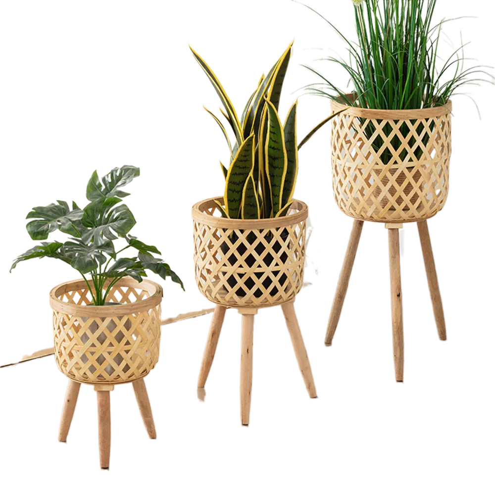 Handcrafted Bamboo Woven Flower Pot with Stand