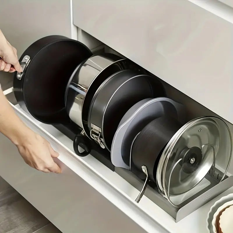 Adjustable Pot and Lid Organizer for Kitchen Cabinets