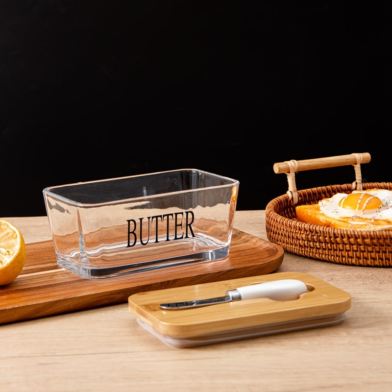 Acacia Wood Lid Glass Butter Dish with Spreader