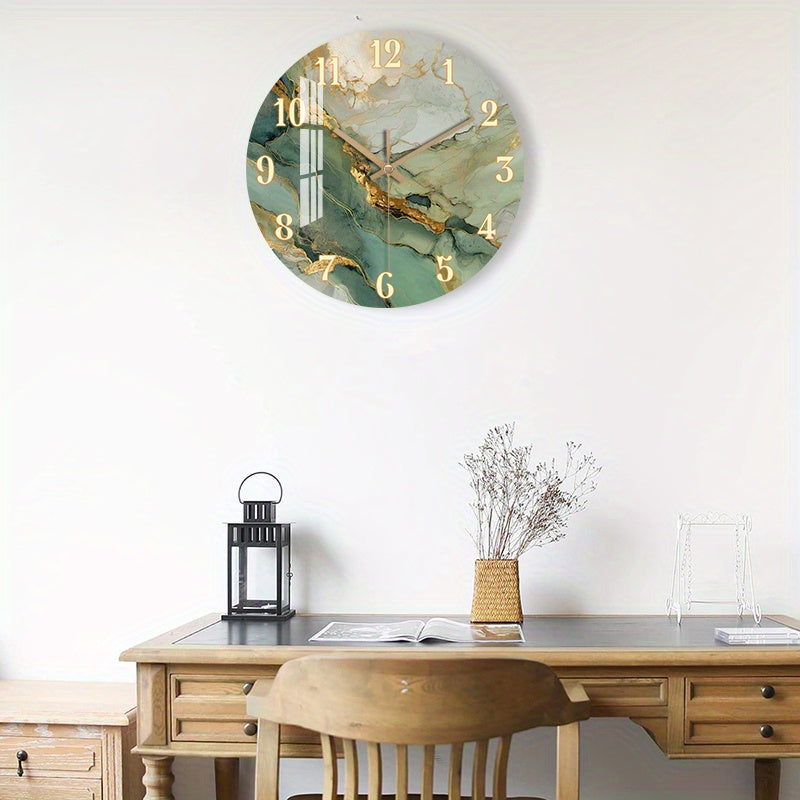 Abstract Marble Wall Clock with Gold Accents - Silent Wooden Round Design