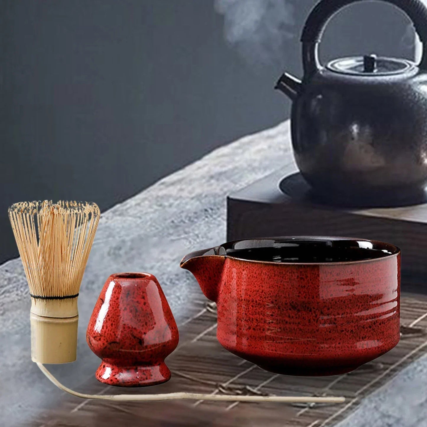 Japanese Matcha Tea Set with Ceramic Bowl and Bamboo Whisk