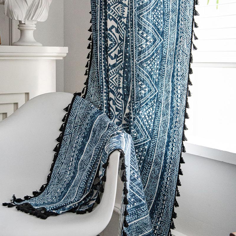 Blue Geometric Pattern Light-Filtering Curtain