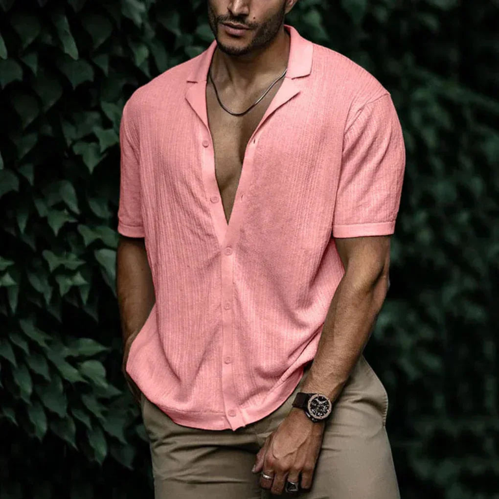 Breathable Linen Short Sleeve Men's Shirt with Button Closure