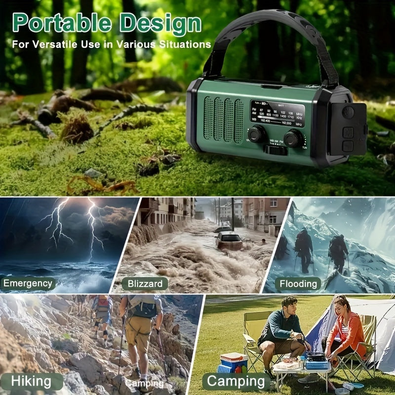 Emergency Solar Crank Radio with 10,000 mAh Power Bank, LED Light, SOS Alarm, and Compass