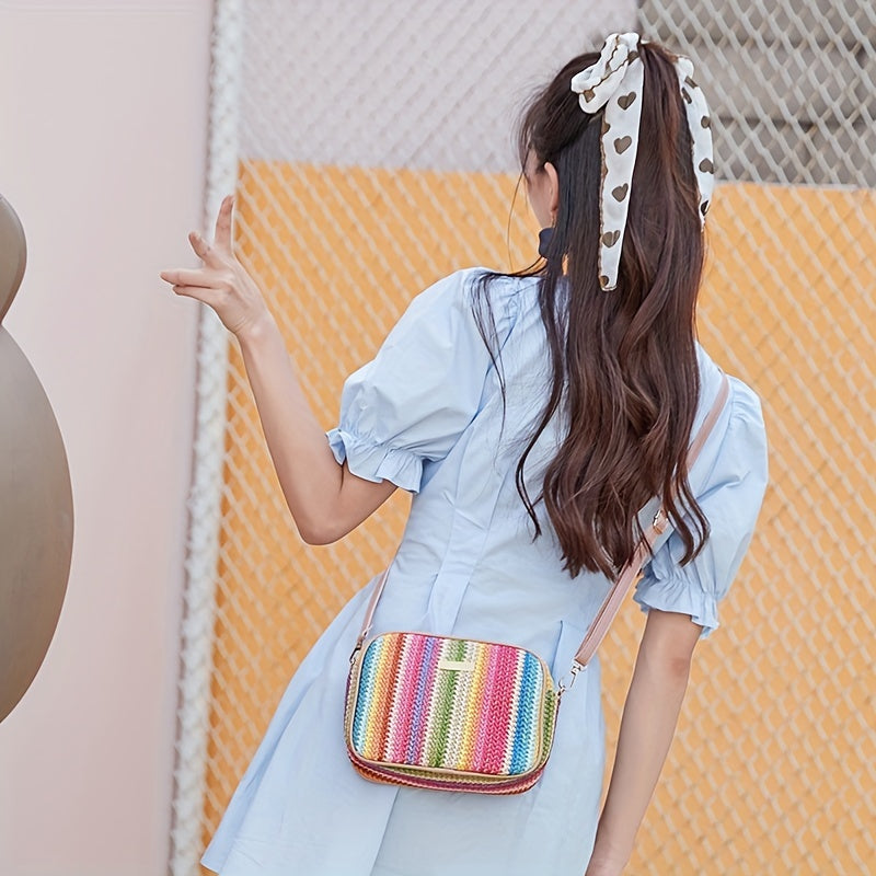 Woven Striped Shoulder Bag for Women with Zipper Closure