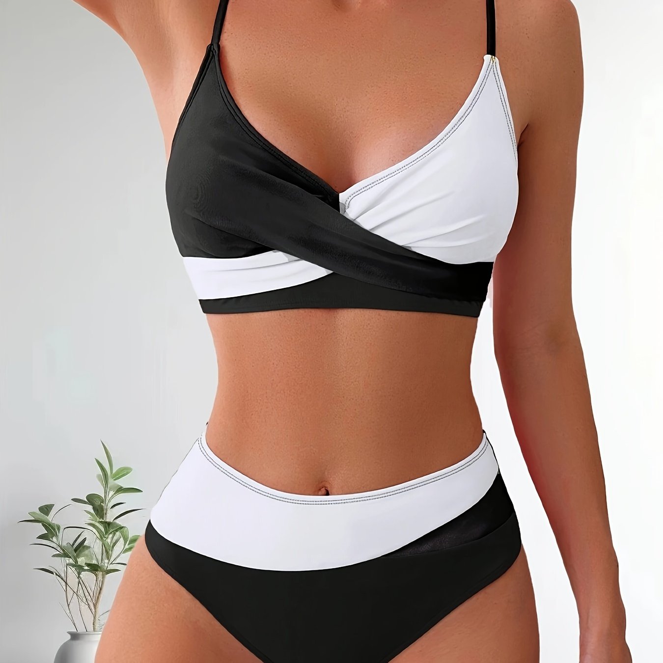 Patchwork V-Neck Bikini Swimsuit with Adjustable Straps