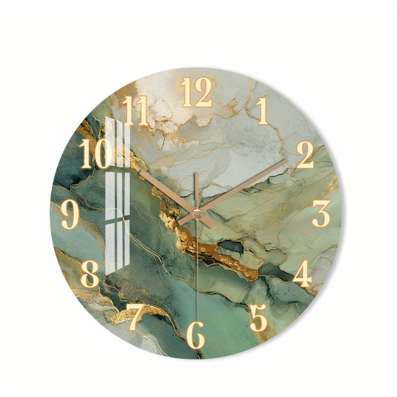 Abstract Marble Wall Clock with Gold Accents - Silent Wooden Round Design