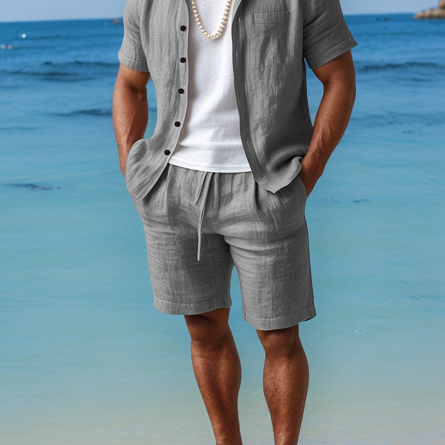 Linen Look Short Sleeve Summer Set for Men with Elastic Waist Shorts