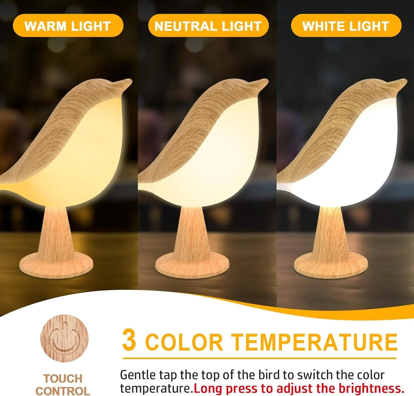 Touch-Control Wooden Bird Night Light with Aromatherapy Diffuser - Rechargeable LED Lamp