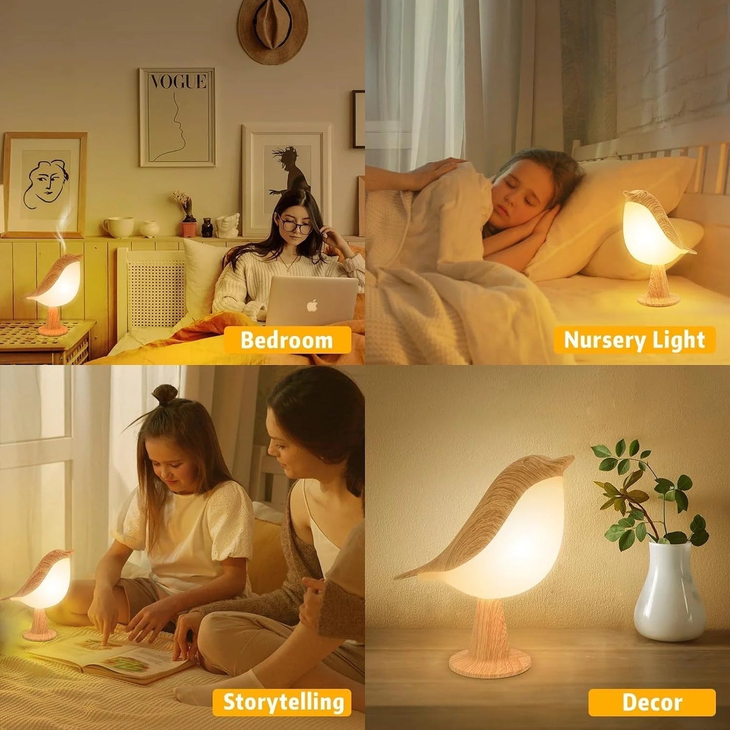 Touch-Control Wooden Bird Night Light with Aromatherapy Diffuser - Rechargeable LED Lamp