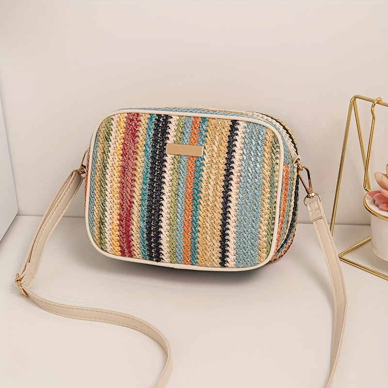 Woven Striped Shoulder Bag for Women with Zipper Closure