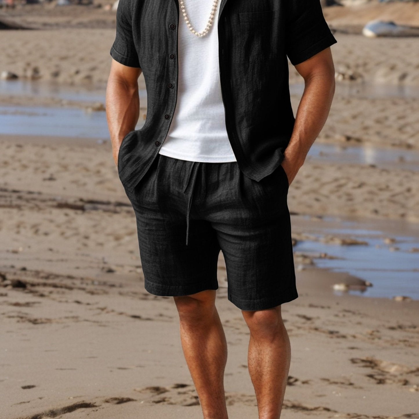 Linen Look Short Sleeve Summer Set for Men with Elastic Waist Shorts