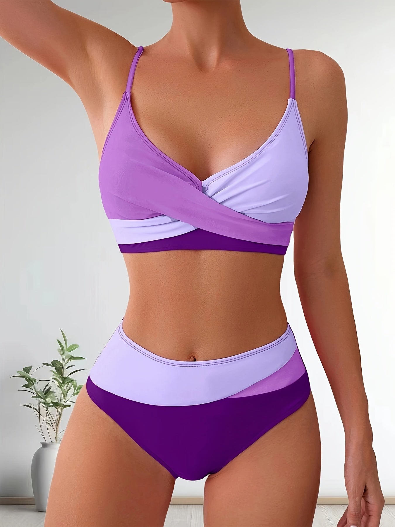Patchwork V-Neck Bikini Swimsuit with Adjustable Straps