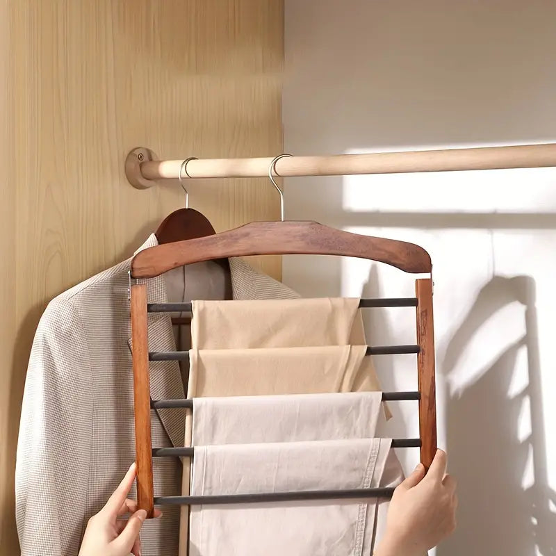 Space-Saving Wooden Multi-Pants Hanger with Metal Clips