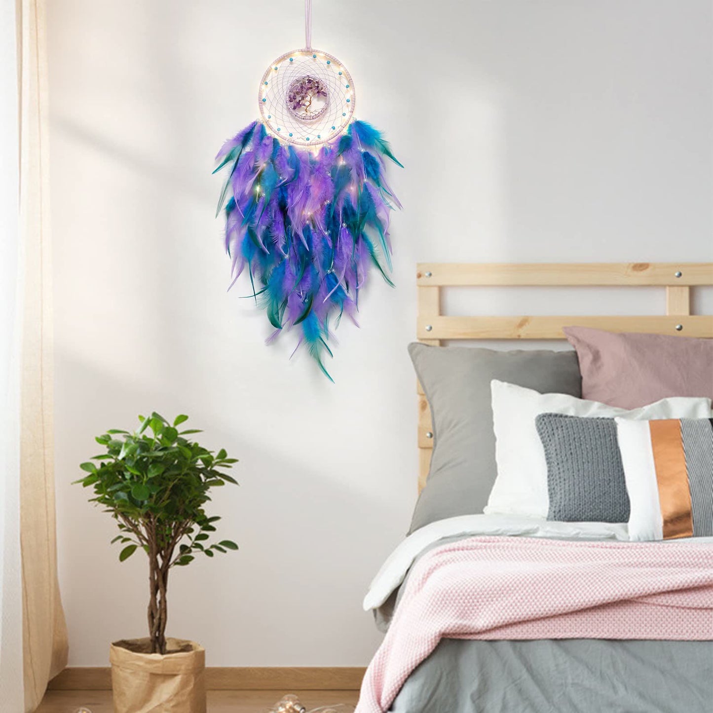 Crystal Tree of Life Dreamcatcher with Feather and Natural Stones