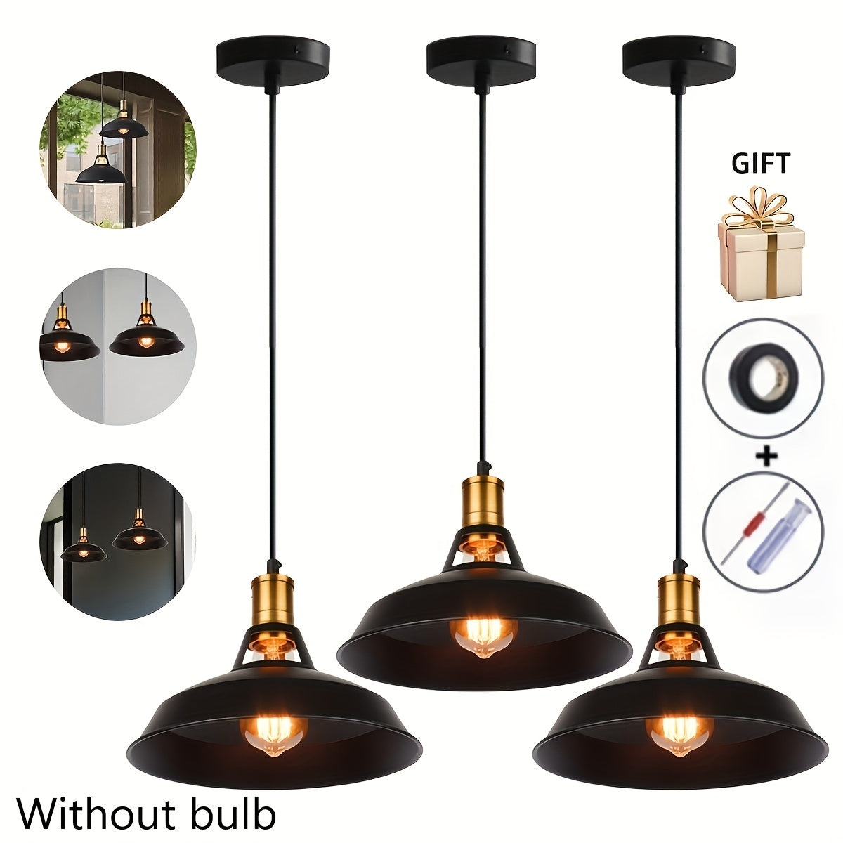 Industrial Black Metal Pendant Light Set with Brass Accents - 3-Piece