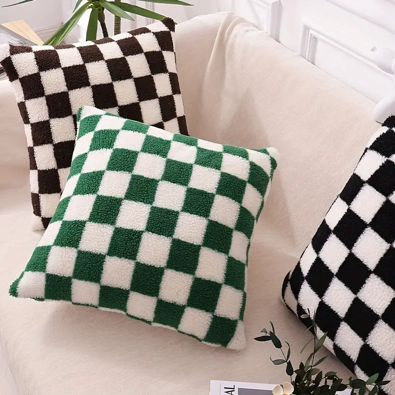 Checkerboard Faux Fur Pillowcase in Khaki and Coffee