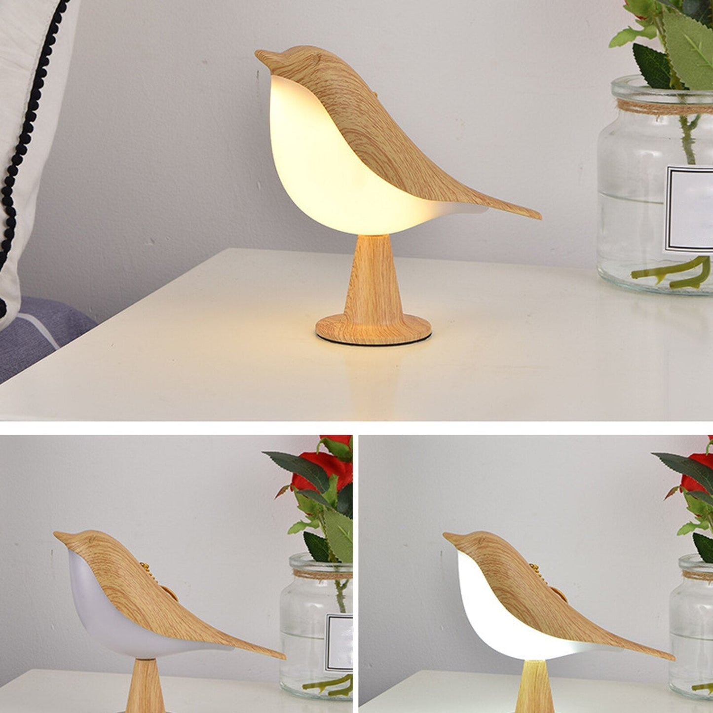 Wooden Bird Table Lamp with LED Light