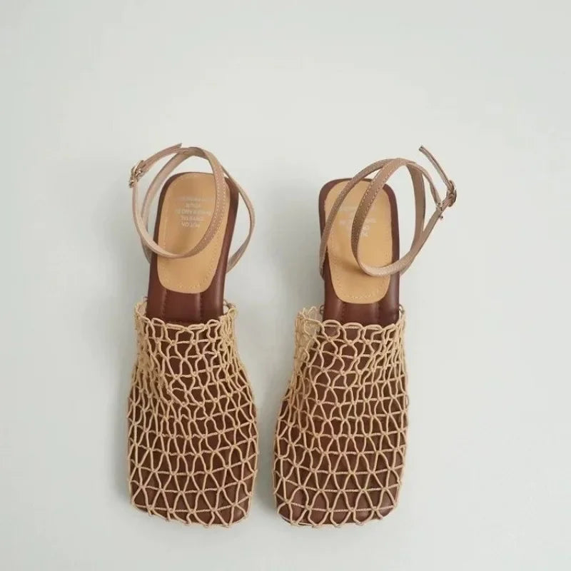 Braided Mesh Square-Toe Heels with Ankle Strap